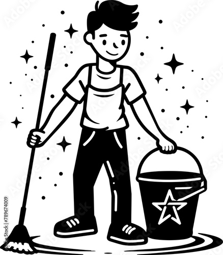 Spotless Shine Floor Cleaning Vector Emblem Mop Mastery Man with Bucket Logo Vector