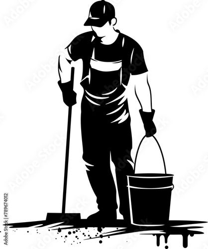 Sweeping Serenity Man with Mop Emblem Design Spotless Shine Floor Cleaning Vector Emblem