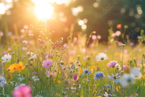   A field of wildflowers basking in the summer sun  creating a beautiful natural background.