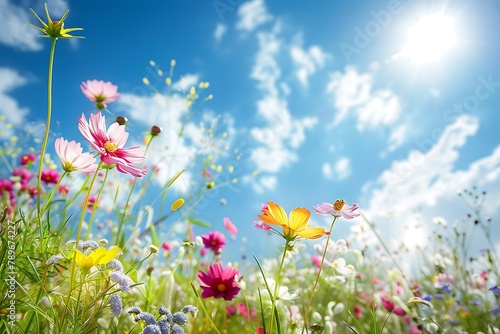 : A field of wildflowers basking in the summer sun, creating a beautiful natural background. © crescent