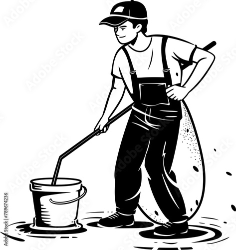 Fresh and Clean Man with Bucket Icon Design Gleam Team Cleaning Floor Emblem