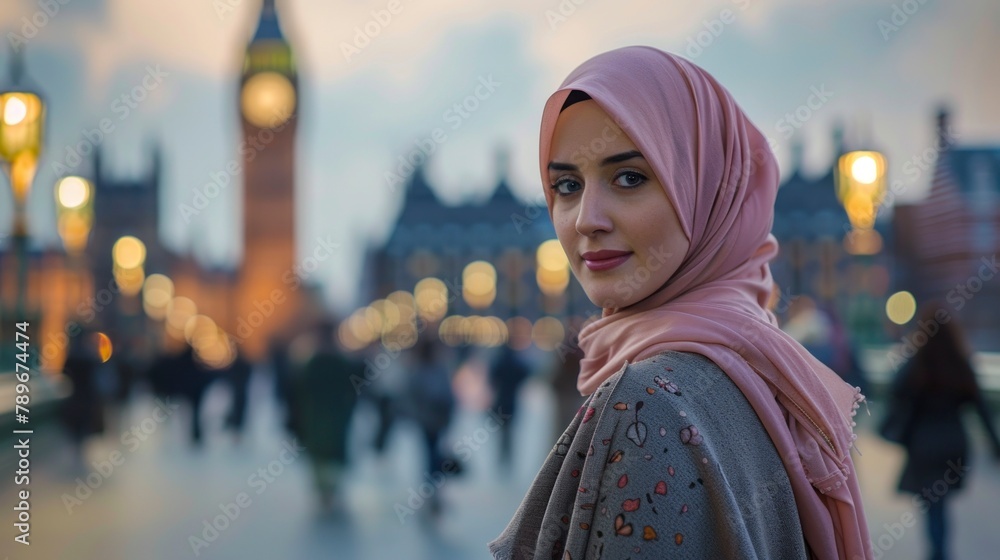 Portrait of a woman with a hijab in England with Big Ben in the background out of focus at sunset in high resolution and high quality. culture concept, muslim, woman Portrait of a woman with a hijab in England with Big Ben in the background out of focus at sunset in high resolution and high quality. culture concept, muslim, woman