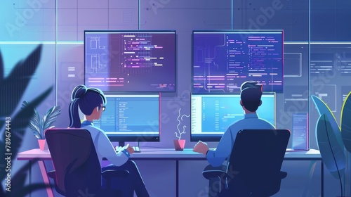 Two focused coders facing each other writing code in software development office while team of coders are developing artificial intelligence. Team of programmers innovating algorithm code.