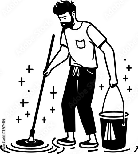 Spotless Shine Floor Cleaning Vector Logo Mop Mastery Man with Bucket Icon Emblem