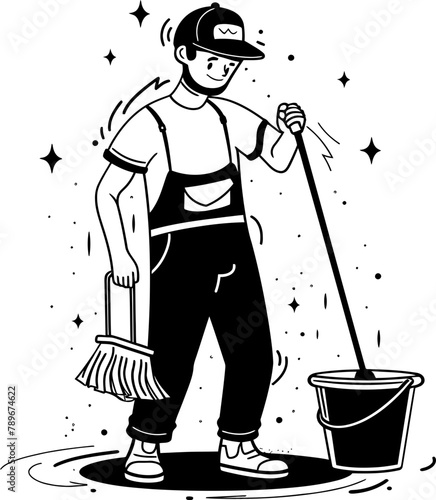 Shine Bright Man with Mop Emblem Pristine Properties Floor Cleaning Logo Icon