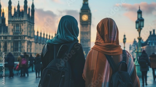 group of muslim women with hijab in England with Big Ben in the background out of focus during the day