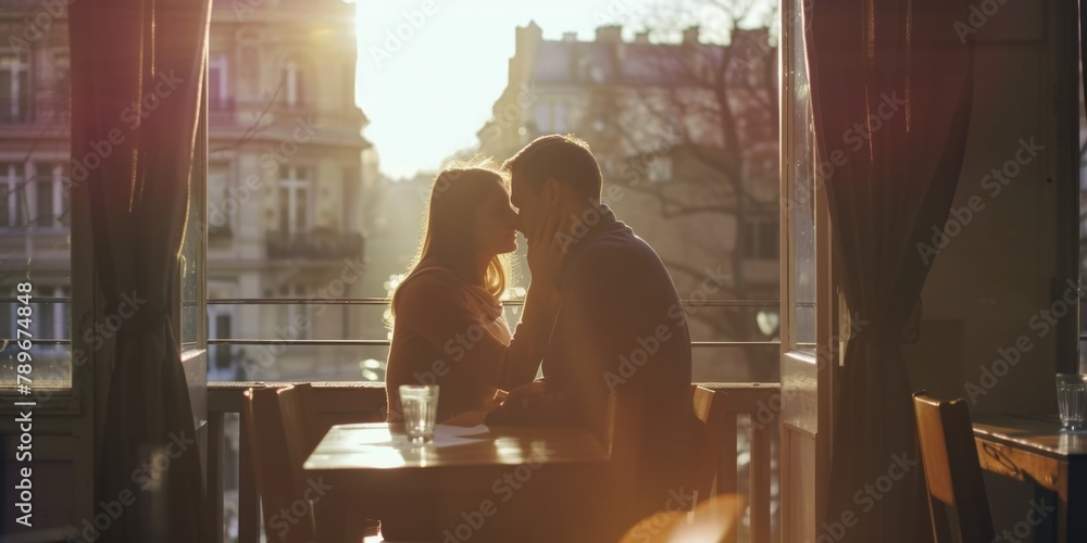 Romantic couple sharing a kiss by a window, suitable for relationship or romance concepts Romantic couple sharing a kiss by a window, suitable for relationship or romance concepts