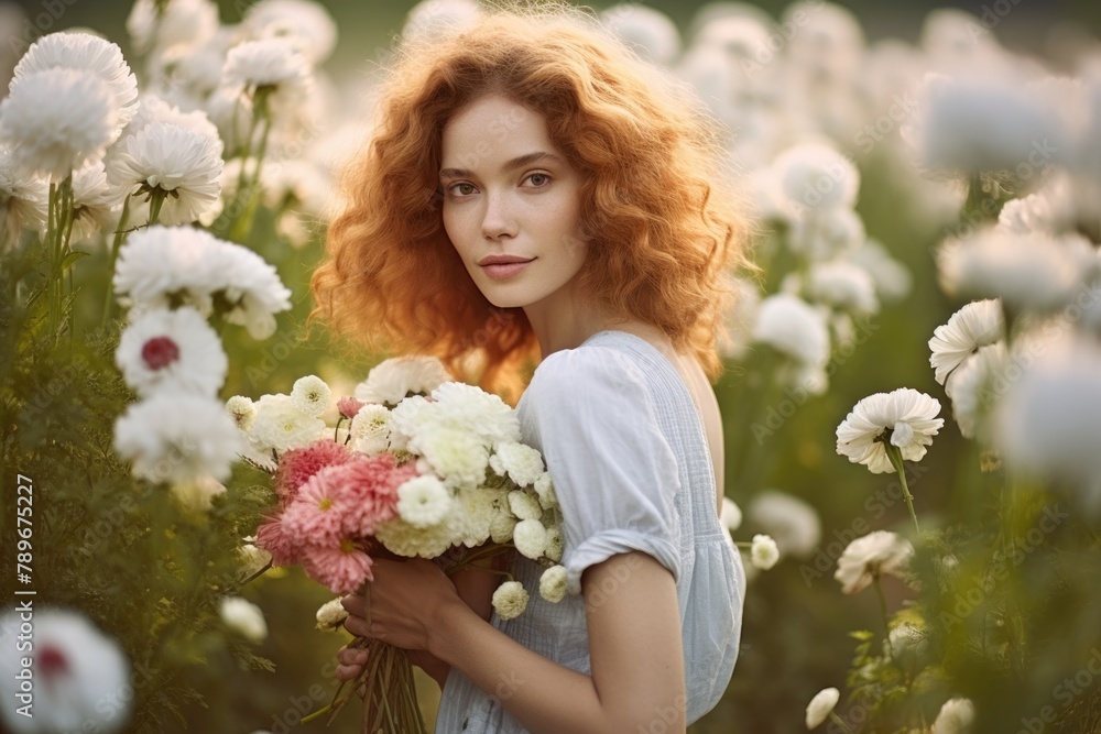 Obraz premium A woman holding a bunch of flowers in a beautiful field