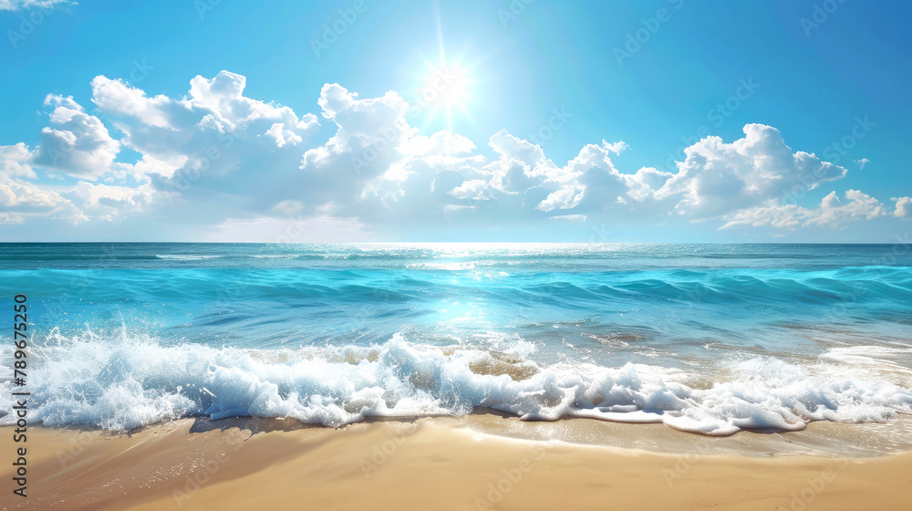 Lovely nature landscapes. A beautiful sandy beach with turquoise waves, white clouds and the sun shining in the blue sky. AI generated illustration.