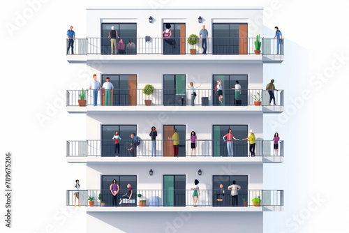 Neighborhood concept. People stand on balconies or look out of windows. The neighbors of an apartment building 3D avatars set vector icon  white background  black colour icon