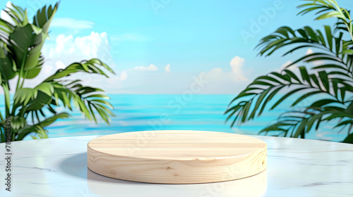 Mockup for a summer product presentation. Round wooden podium with a tropical leaves and ocean background. AI generated illustration.