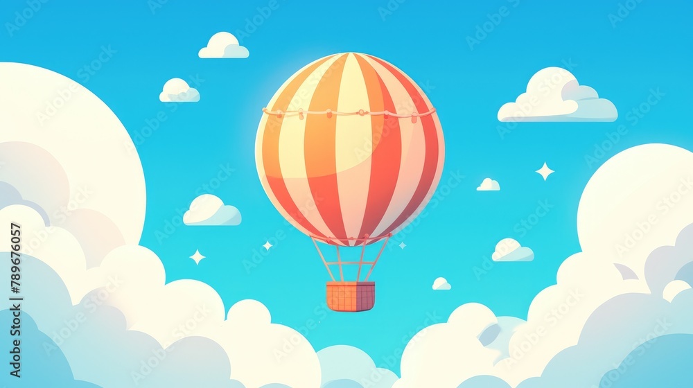 A cheerful cartoon hot air balloon is depicted in a 2d image against a clean white backdrop creating a charming and straightforward illustration