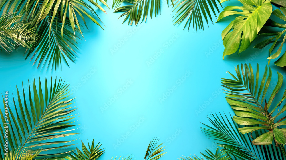 Beautiful palm leaves on a blue background with copy space. Poster in the summer concept. AI generated illustration. Beautiful palm leaves on a blue background with copy space. Poster in the summer concept. AI generated illustration.