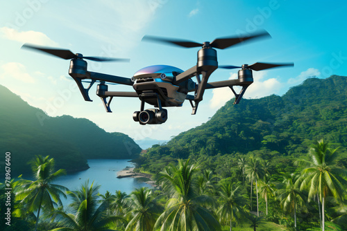 drone with the latest technology camera flying above a tropical jungle