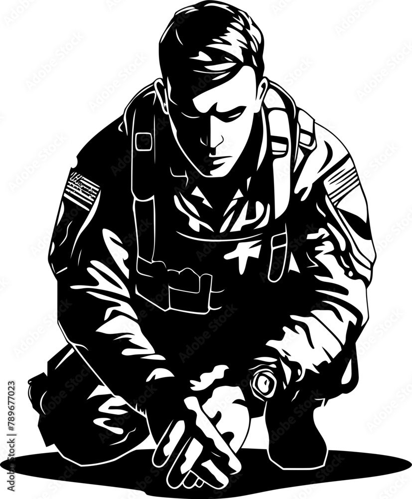 Fototapeta premium Courageous Conviction Soldier Symbol Design Sentinel Salute Kneeling Soldier Icon Vector