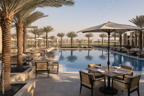 pool of a luxury hotel surrounded by chairs and tables with umbrellas