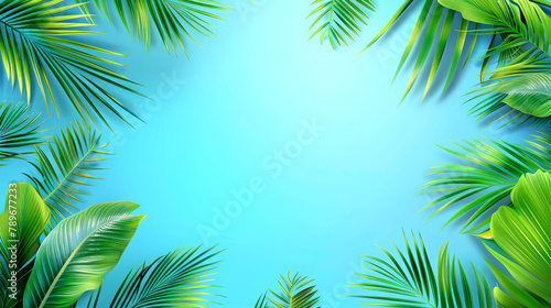 A light blue background with palm leaves on the edges  creating an exotic and tropical feel. Poster in the summer concept. AI generated illustration.