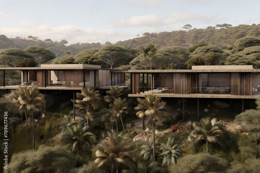 designer modular houses mounted on pillars in a palm forest designer modular houses mounted on pillars in a palm forest