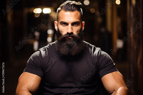 muscular young man with beard looking at camera
