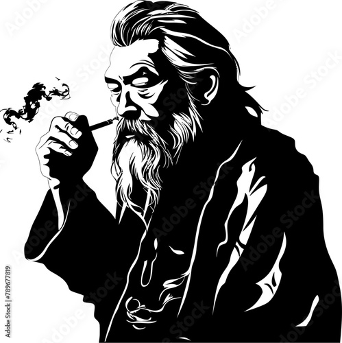 Revered Rapture Long Bearded Smoker Emblem Hoary Harmony Wise Asian Icon