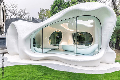 modern design building with curved shapes and large windows in natural surroundings