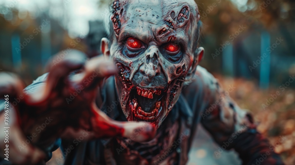 A close up of a zombie with red eyes and glowing teeth, AI A close up of a zombie with red eyes and glowing teeth, AI