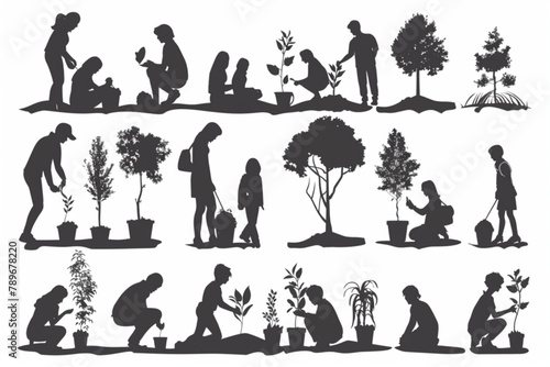 People are planting tree seedlings in the city park. Volunteers or city dwellers, men and women 3D avatars set vector icon, white background, black colour icon