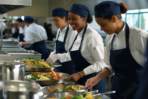 three african american female chefs preparing vegetables in a professional kitchen