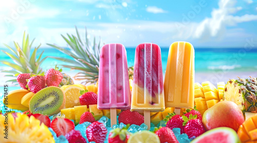 Colorful fruit popsicles with tropical fruits. Vibrant summer vibe background. Sunny beach scene with clear blue water. AI generated illustration. photo