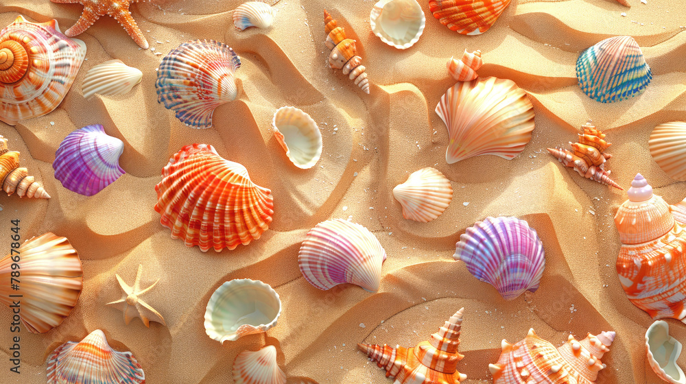 Colorful seashells on sand background. Top view summer tropical poster design. AI generated illustration. Colorful seashells on sand background. Top view summer tropical poster design. AI generated illustration.