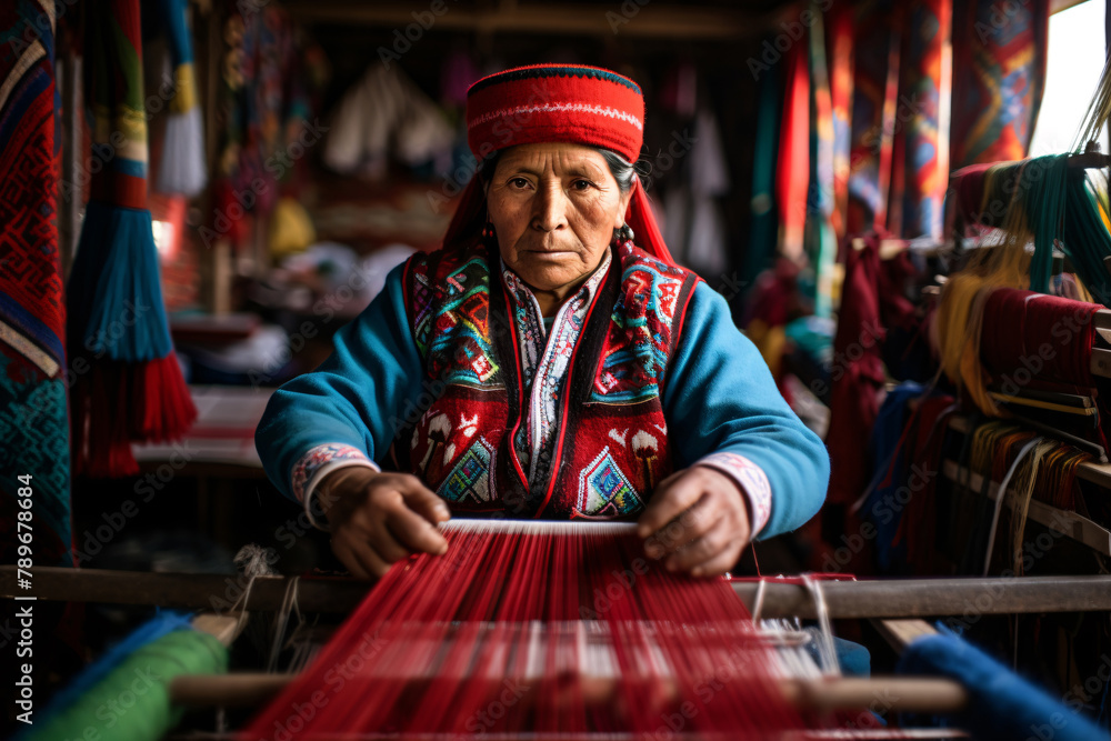 South American senior woman weaving on an antique artisanal loom