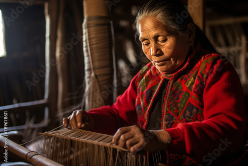 South American senior woman in very colorful traditional clothing weaving fabric on a handloom