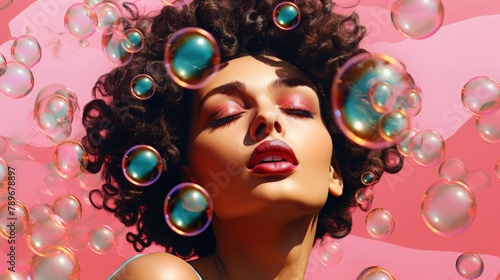 Close up portrait of a sensual woman with closed eyes, curly hairstyle and bubbles