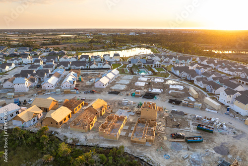 Construction in new developing suburban area. Development of residential housing in American suburbs. Real estate market in the USA