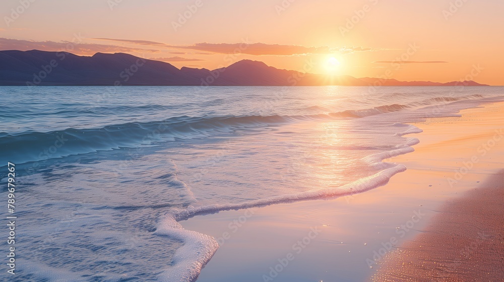 Person on beach at sunset admiring the water, sky, and natural landscape - obrazy, fototapety, plakaty 