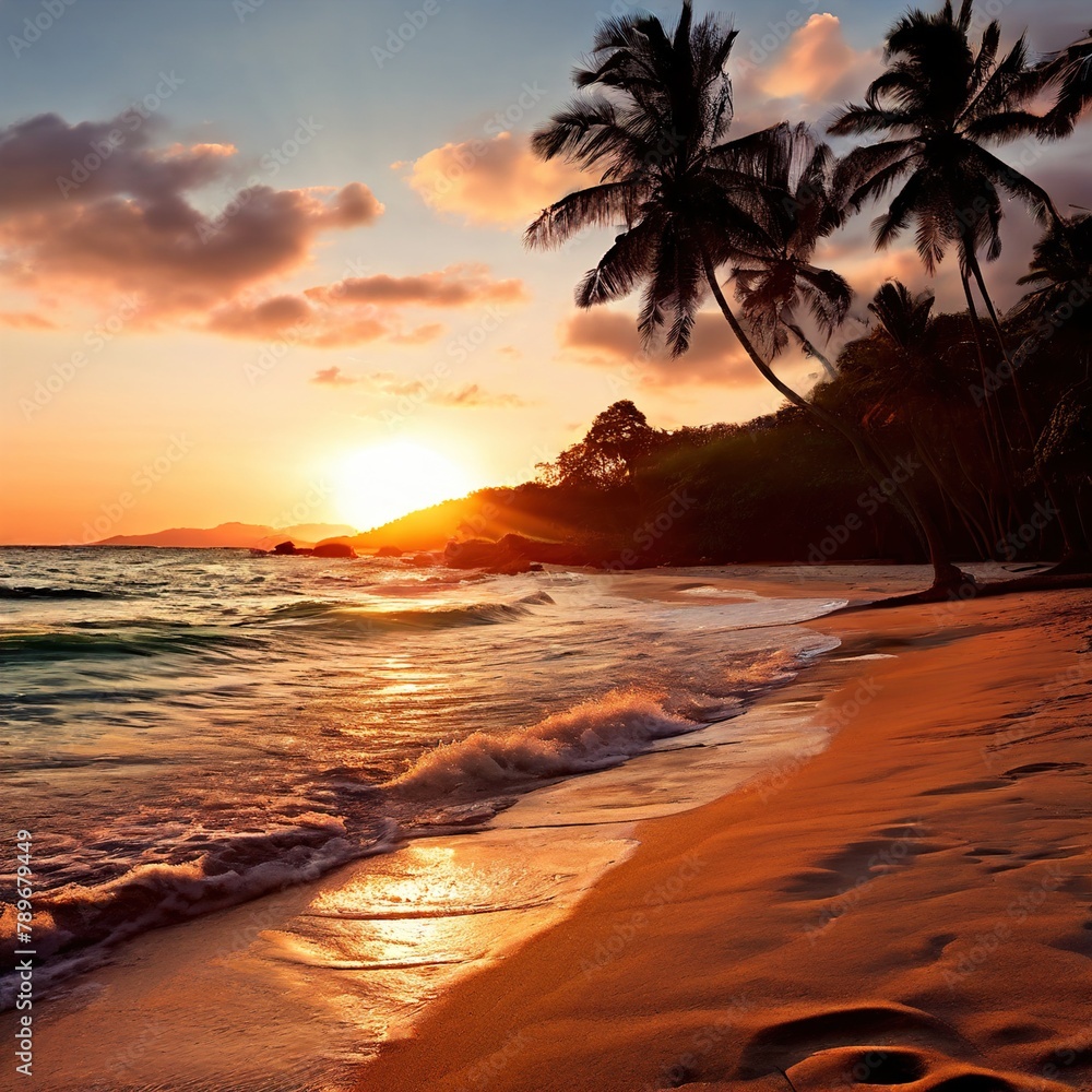Deserted island at sunset with palm trees