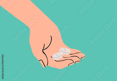 A minimalist illustration of a hand holding two pills photo