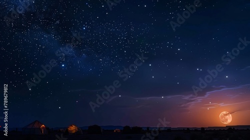 The silhouette of a nomadic desert camp illuminated by the glow of the moon against the backdrop of a starfilled sky. 2d flat cartoon. photo