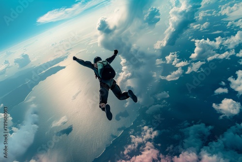 Soaring Skydiver Embraces the Adrenaline Rush Amidst Fluffy Clouds and Expansive Blue Sky at High Altitude