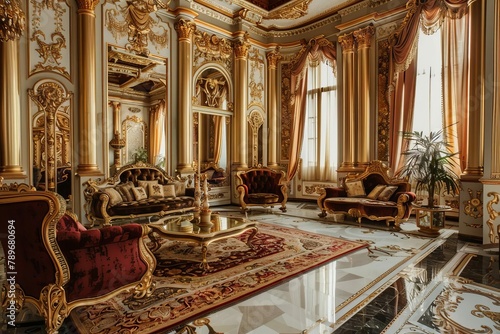 opulent palace interior with lavish furnishings and ornate details luxury background