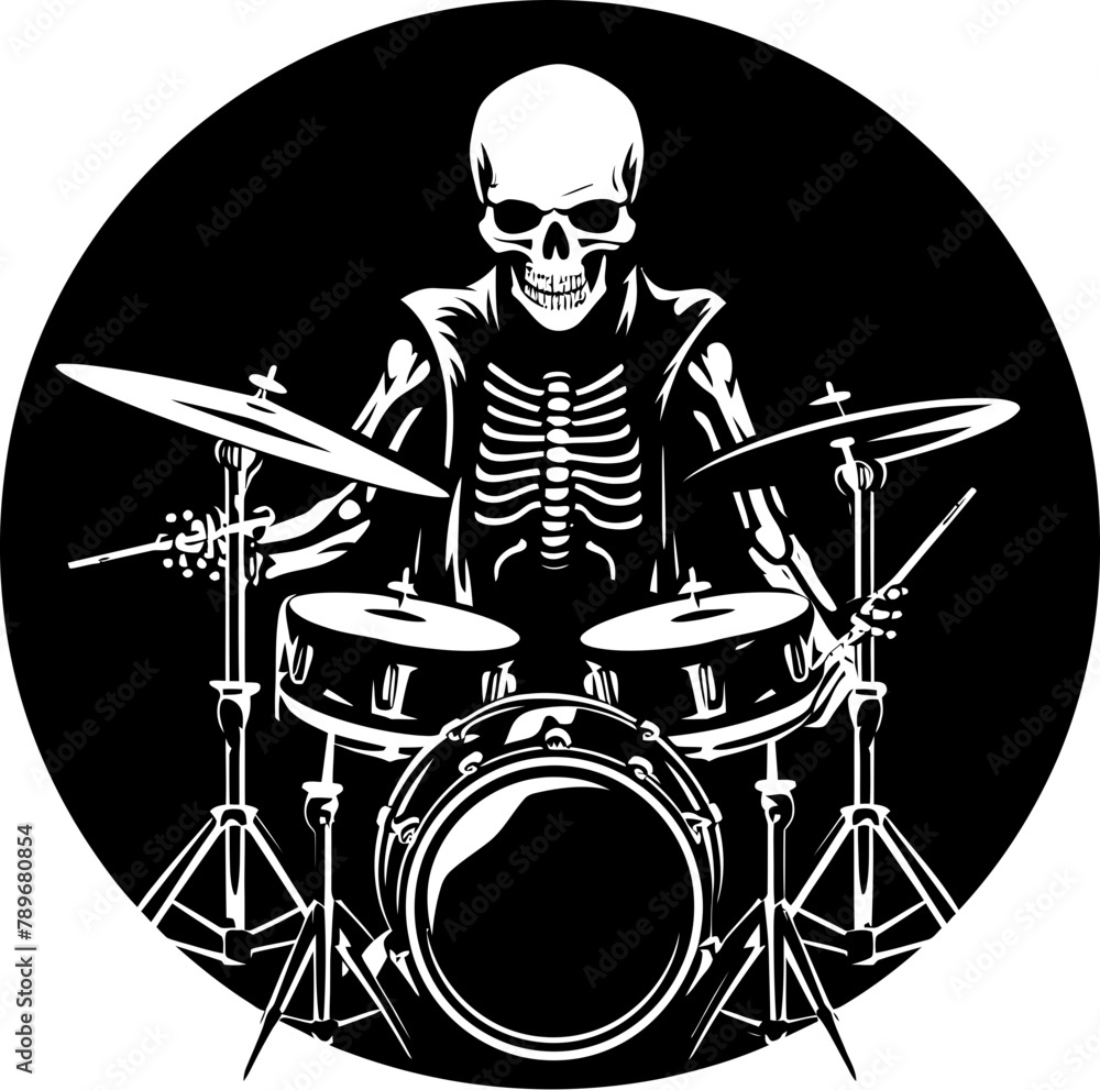 Fototapeta premium Rattling Bones Musician Skeleton Logo Skull Sticks Drummer Vector Icon