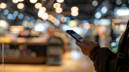 Softfocus image of a persons phone screen displaying multiple mobile payment options with a blurred background of a sleek and modern retail environment. This conveys the ease and convenience . photo