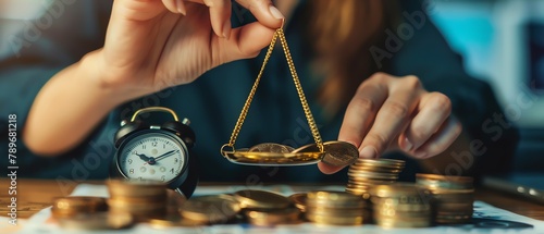 Magazine style photograph of a businesswoman at a desk with a small balance scale, placing coins on one side and a clock on the other, symbolizing the weighing of time versus money in financial decisi photo