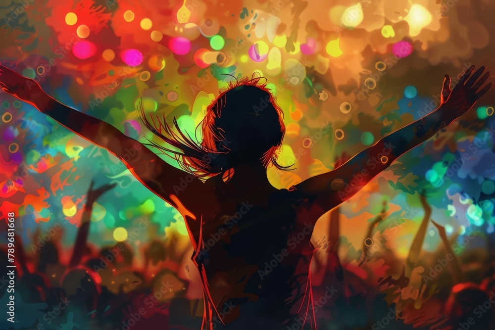 person dancing joyfully at outdoor music festival live concert experience digital painting