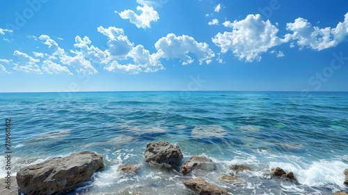 A view of a body of water with rocks and clouds, AI