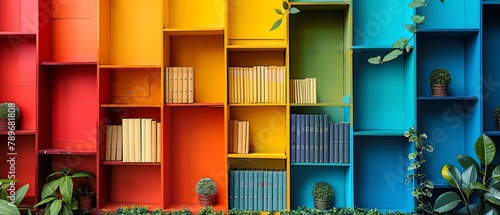 Magazine style image of colorcoordinated books in a modern library setup, showcasing an aesthetically pleasing and organized approach to literary display photo