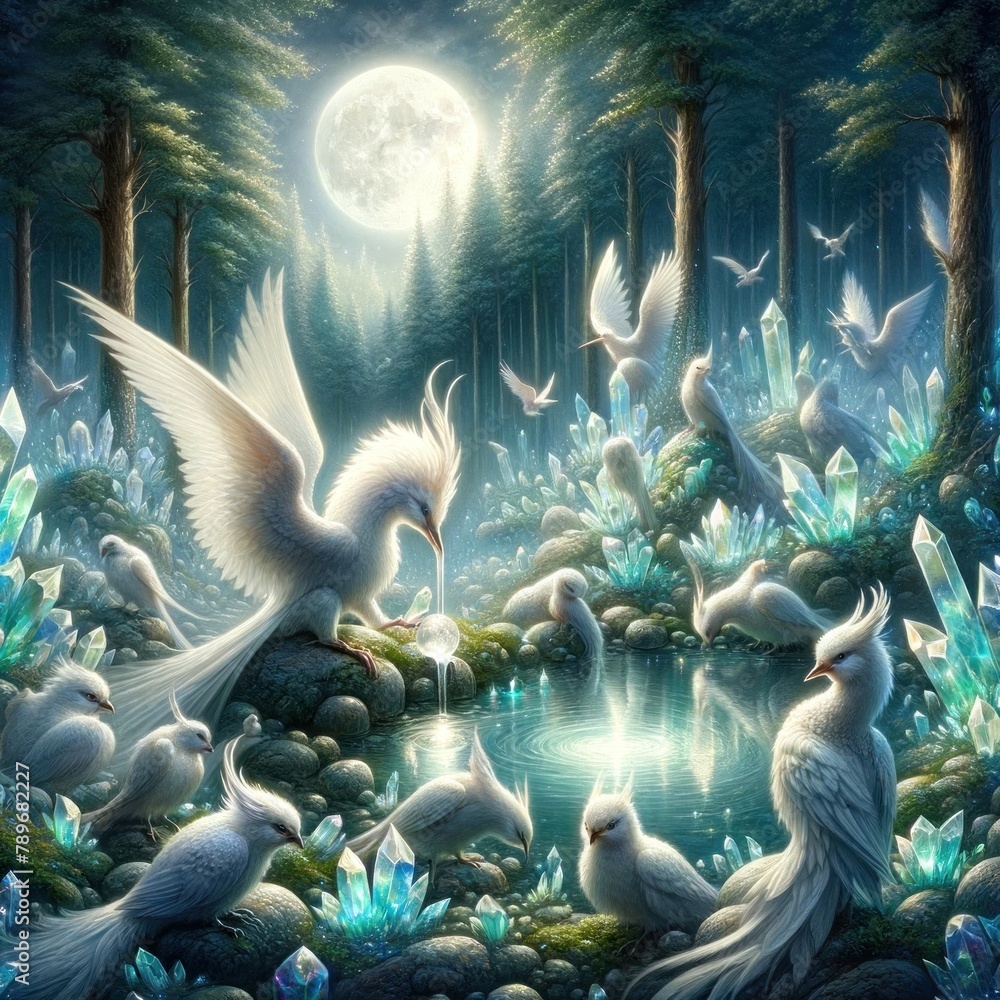 In a moonlit glade, doves gather by tranquil waters amidst crystalline formations