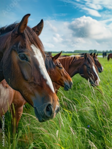 A herd of horses standing on top of a lush green field