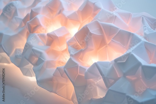 : A luminous pearl white surface with cascading folds that morph into overlapping hexagons, bathed in a soft neon glow.