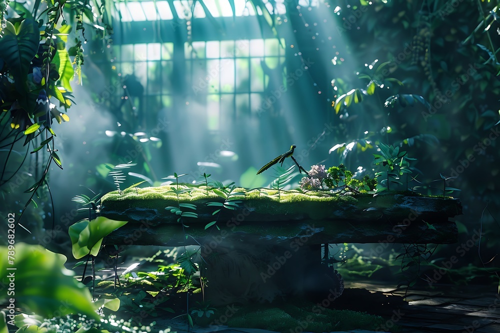 : A lush, overgrown greenhouse at night. Sunlight filters through the leaves of exotic plants, casting a magical, blurred light onto a moss-covered stone table. Perfect for showcasing 